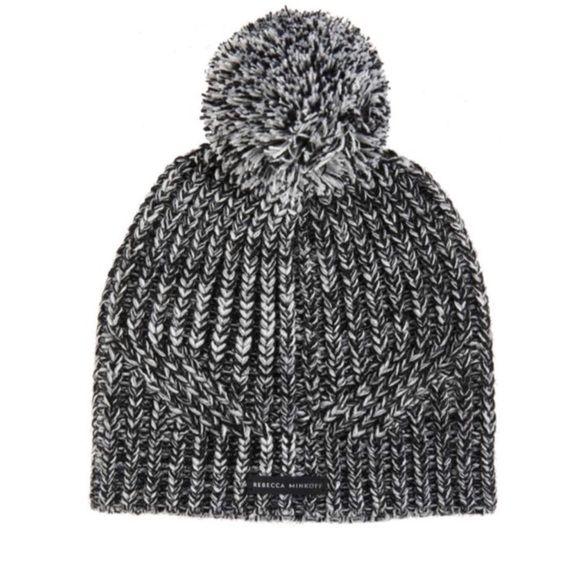 REBECCA MINKOFF Marled Acrylic Rib stitch Pom Beanie Hat & Arm Warmer Set Black - Picture 3 of 5